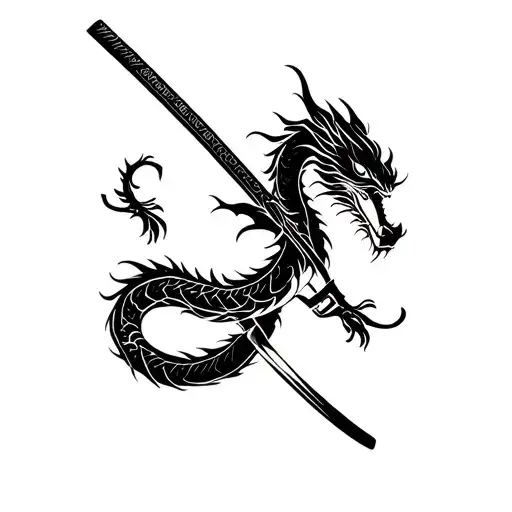 Japanese dragon wriggles around Katana tattoo design idea