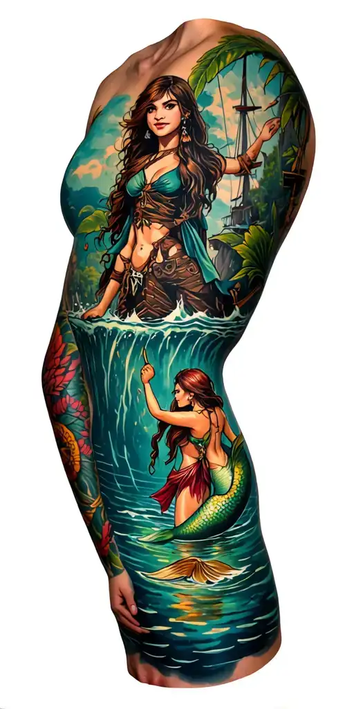 full sleeve with pirates and a lagoon looking down perspective with mermaids in the water Peter pan tattoo design idea