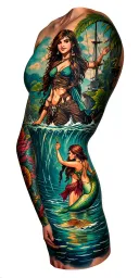 full sleeve with pirates and a lagoon looking down perspective with mermaids in the water Peter pan tattoo design idea