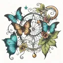 unalome, key, 1 maple leaf, 1 small moon and Butterfly, galaxy tattoo design idea