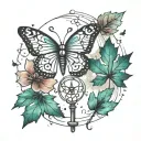 unalome, key, 1 maple leaf, 1 small moon and Butterfly, galaxy tattoo design idea