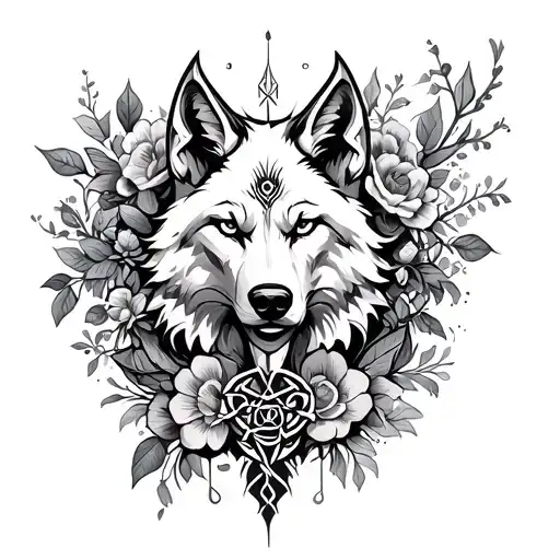 Gaelic symbols, magic, wolf, demon, feminine, floral, full sleeve,  tattoo design idea