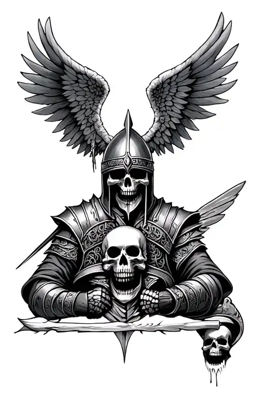 rune "helmet of horror", winged hussar and skulls tattoo design idea