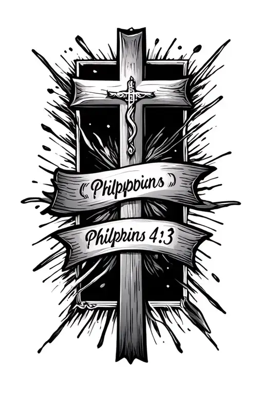 "Philippians 4:13 " cross on top of cload with bible verse written tattoo design idea