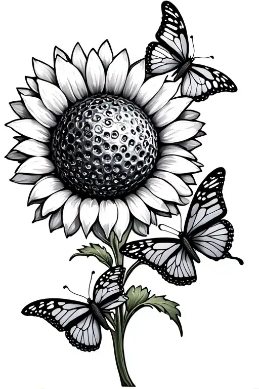 Sunflower with golf ball patterned center, surrounded by 3 butterflies tattoo design idea