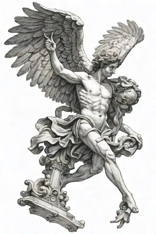 black and white image, statue greek male angel with a halo and black feathered wings with feathers falling down, sculped tattoo design idea