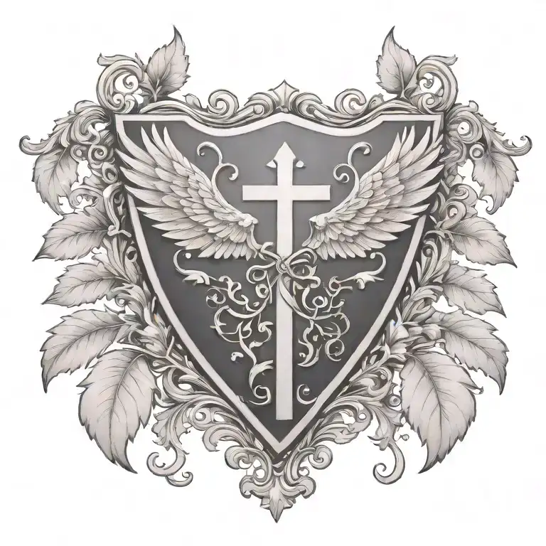 coat of arms dove wings close, grapevines, cross tattoo design idea