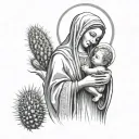 Virgin mary holding baby jesus surrounded by cactus tattoo design idea