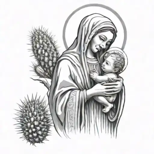 Virgin mary holding baby jesus surrounded by cactus tattoo design idea