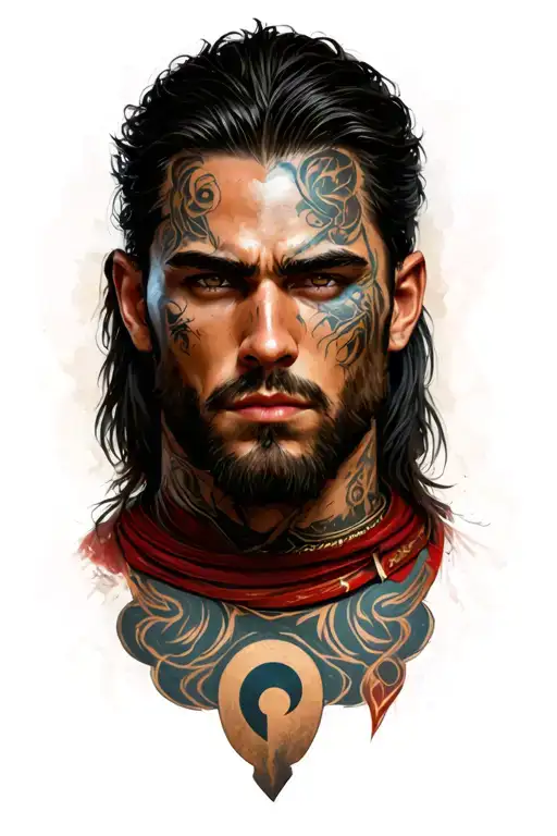 male warrior with semicolon incorporated tattoo design idea