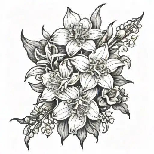 Daffodil,Jonquil, Daisy & Sweet&nbsp;Pea, Lily of the Valley &&nbsp;Hawthorn, Chrysanthemum  tattoo design idea