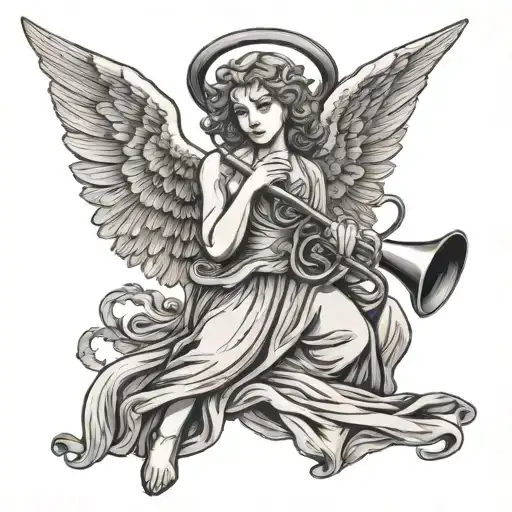 angel with trumpet surrounded tattoo design idea