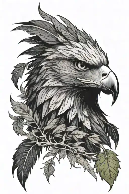Layered eagle head portrait. Inner feathers detailed, outer feathers shaped like cannabis leaves, radiating outwards. tattoo design idea
