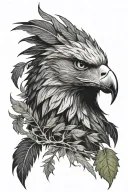 Layered eagle head portrait. Inner feathers detailed, outer feathers shaped like cannabis leaves, radiating outwards. tattoo design idea
