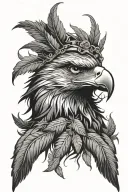 Layered eagle head portrait. Inner feathers detailed, outer feathers shaped like cannabis leaves, radiating outwards. tattoo design idea