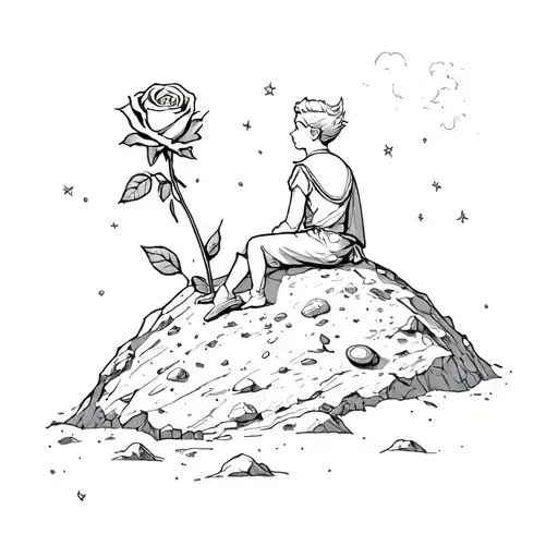 The little prince is sitting on an asteroid with his rose with his back to us (ghotic style) tattoo design idea