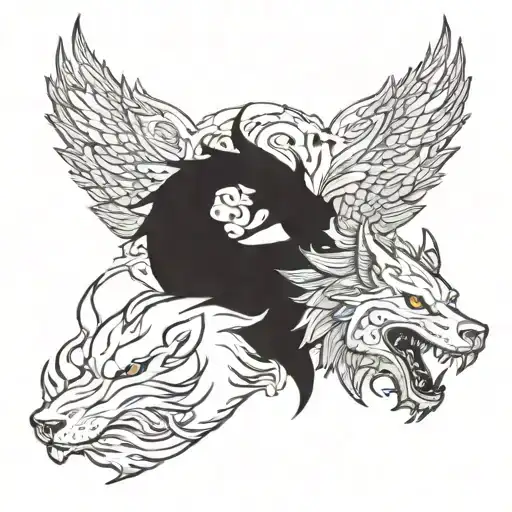 white wolf and black dragon wrapped tattoo design idea