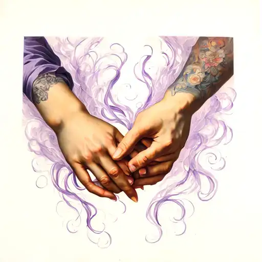 the hands of Francesca and Paolo from the painting by George Frederick Watts with purple wispy swirls around them  tattoo design idea
