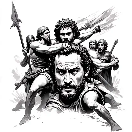 Roman and Greek soldiers fighting with Julius Caesar in the middle with a really mad face  tattoo design idea