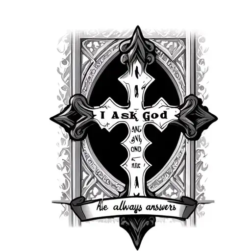 cross with filagree font saying "i ask god, and he always answers" with cathedral  window background tattoo design idea