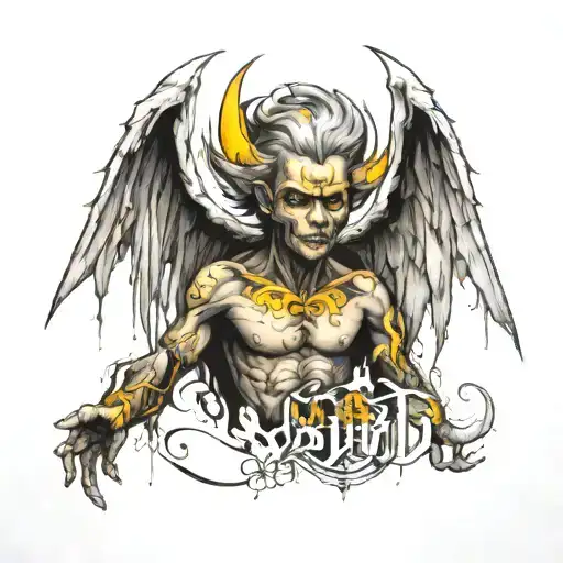 "Sum quod sum" around a black and grey tattoo picturing half angel, half devil portrait  tattoo design idea