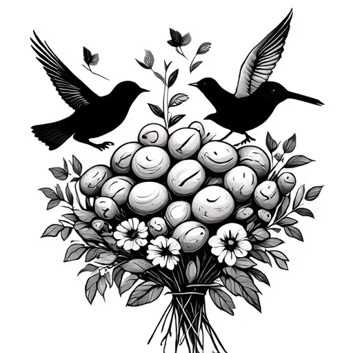 A small bouquet of forgotten dough in black line drawing, with two small silhouette birds (eg swallows or sparrows) that fly on each one tattoo design idea