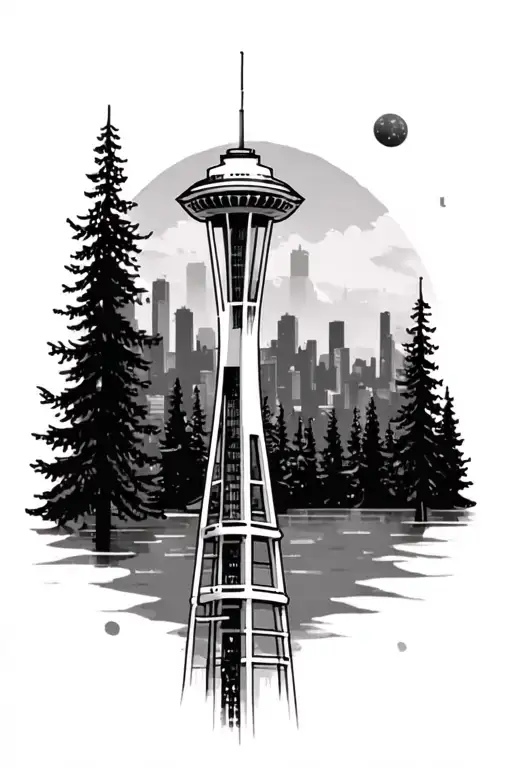Seattle Washington evergreen trees and space needle tattoo design idea