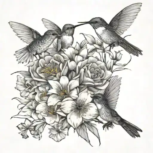 hummingbirds, butterflies, bees, dragonflies, carnations, snow drop, daffodil, daisy, rose, poppy, aster, marigold tattoo design idea