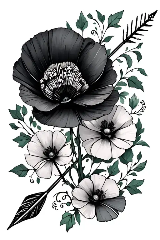 black and white feathers, green leaves and vines, poppy flowers, fall flowers,   arrow with filler tattoo design idea