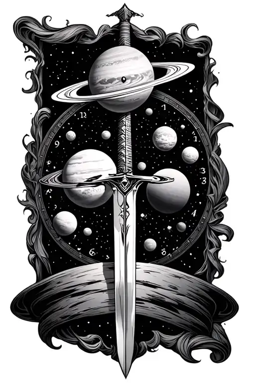 space, planets, time clock, sword tattoo design idea