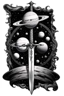 space, planets, time clock, sword tattoo design idea