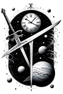 space, planets, time clock, sword tattoo design idea