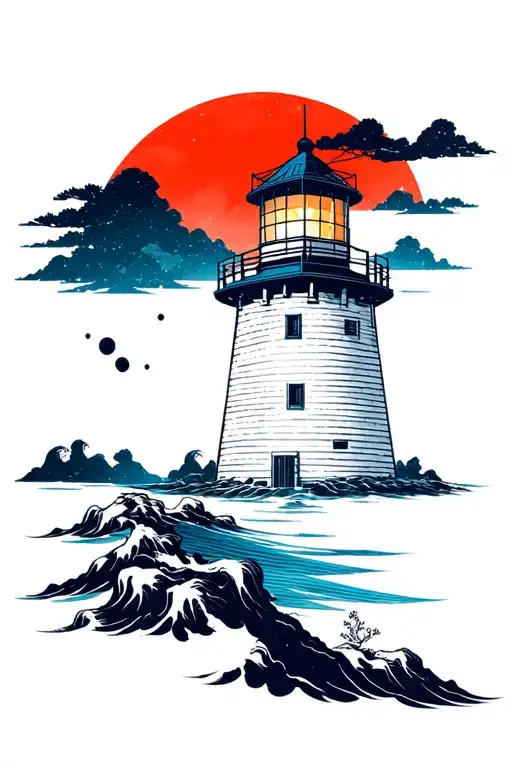 japanese sun and lighthouse  tattoo design idea