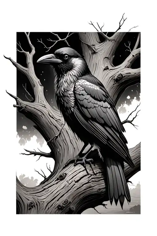 crow in dead oak tree tattoo design idea