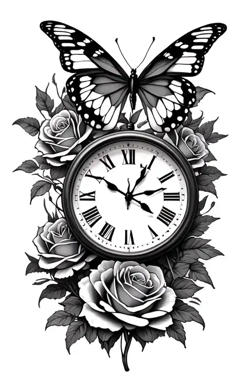 Birth Clock roses butterflies tattoo design idea