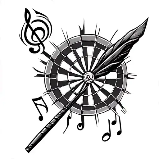 dart with music note intertwined tattoo design idea