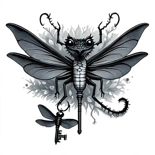 key with needle and thread an tiny dragon flies tattoo design idea