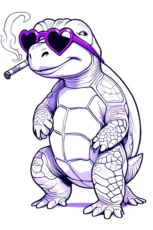 GANGSTER SQUIRT sea turtle SMOKING A JOINT, WITH PURPLE SUNGLASSES THAT ARE HEART SHAPED AND LOOK LIKE THERE DRI tattoo design idea
