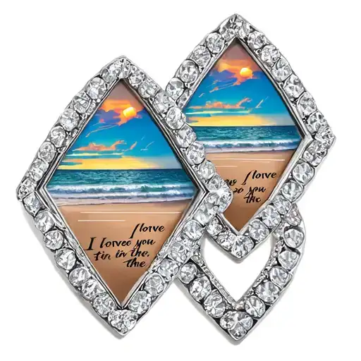 Two matching diamond frames. One with an image of the North Carolina beach at sunrise with the words “I love you in the  tattoo design idea