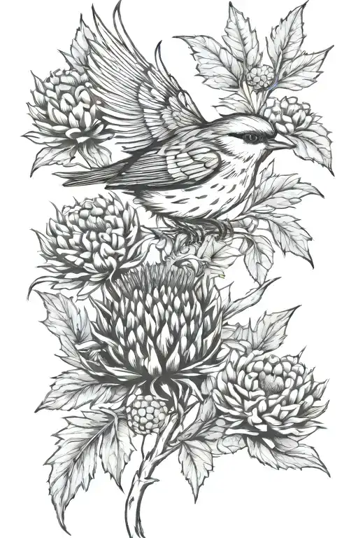 Thistle half sleeve with sparrow fine line tattoo design idea