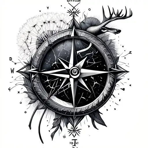 Broken compass, broken hourglass, Gemini, twin, deer, geometry, abstract, dandelion, snake, Mercury tattoo design idea