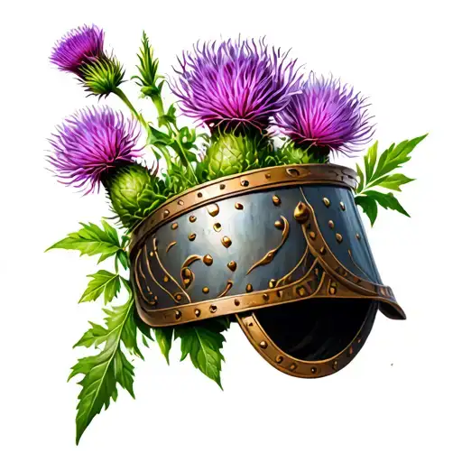 Realistic shoulder tattoo in the shape of a pauldron intertwined with Scottish thistle and a purple flower. tattoo design idea