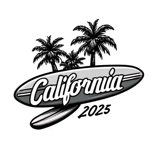 Palm with surfboard and the lettering "California 2025" in the surfboard, for the foot, not greater than 10cm tattoo design idea