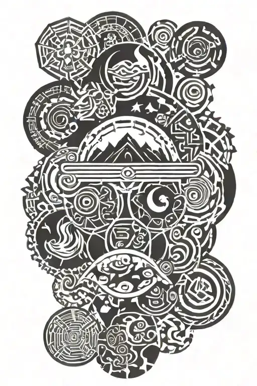 earth at the top from perspective of americas encompassed by tribal design. bottom two thirds are 10 misc symbols tattoo design idea