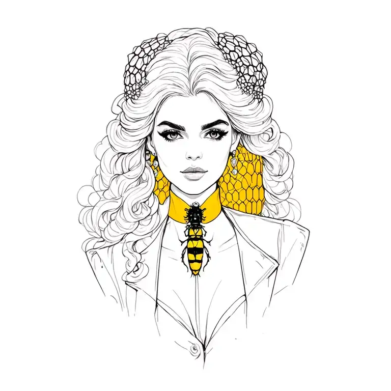 black and white honey comb on collar bone to shoulder with a full color wester yellow jacket queen tattoo design idea