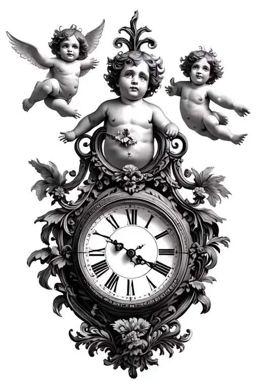 birth clock with cherubs flying tattoo design idea