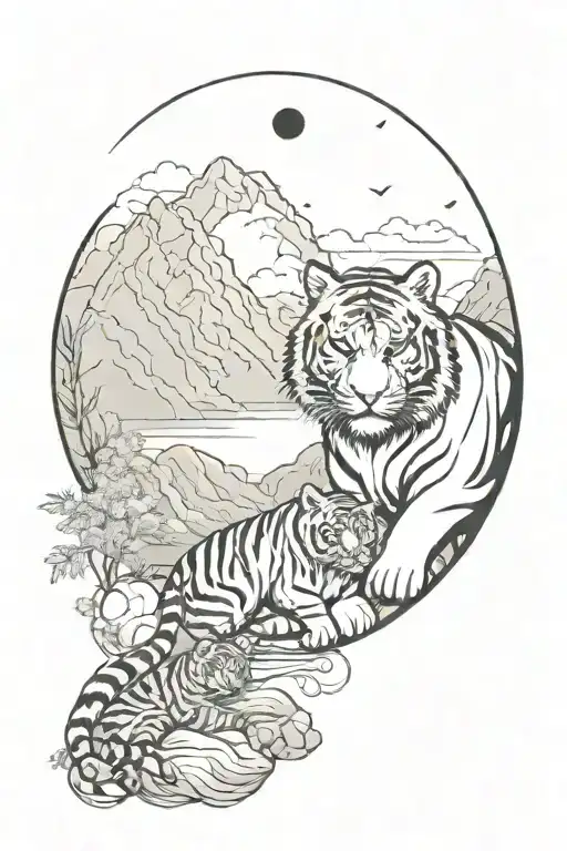 tiger and tiger cub against the backdrop of mountains and waterfalls. date 23.07.2022, yin yang symbol, sun and clouds, clock and time tattoo design idea