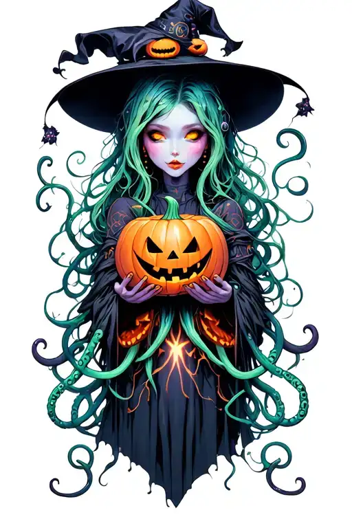 cyber witch holding jack-o'-lantern, tentacles, space, eldritch tattoo design idea