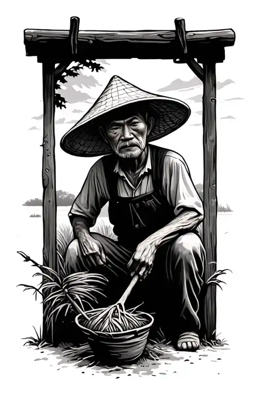 older Chinese farmer working in the field with his face hidden by his hat tattoo design idea