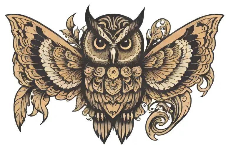 a butterfly with wings with the face of an owl perched tattoo design idea